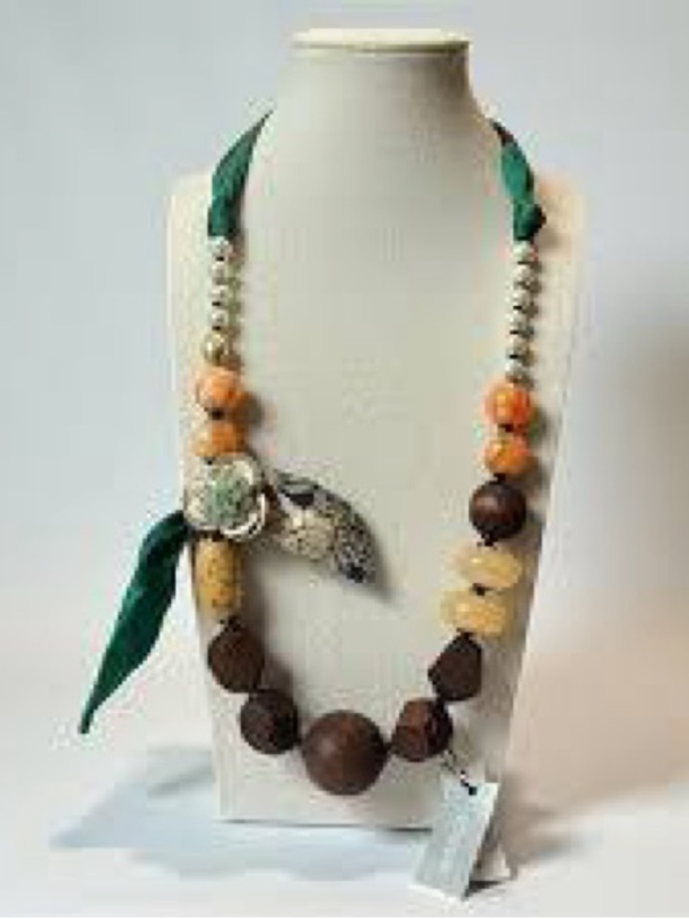Chicos Handcrafted Green and Brown Beaded Statement Necklace